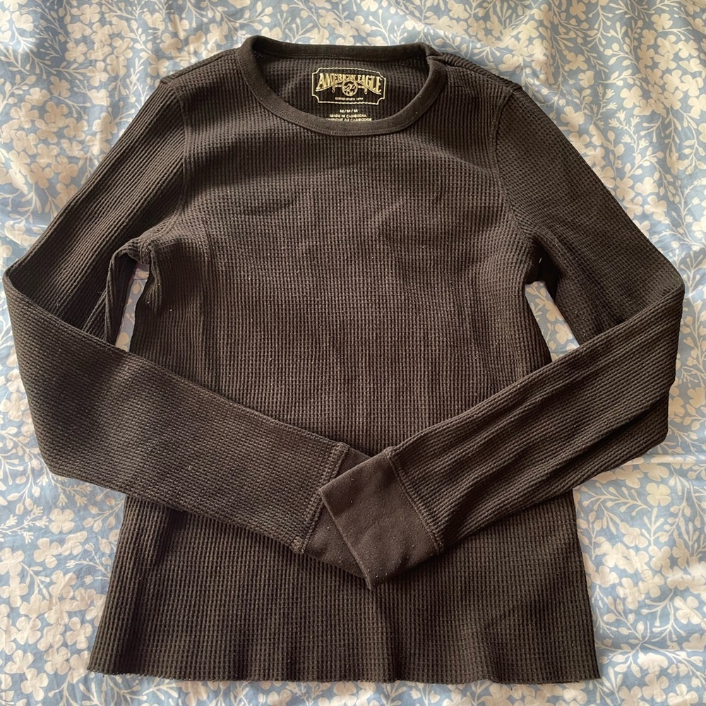 American Eagle Black Ribbed Long Sleeve Top